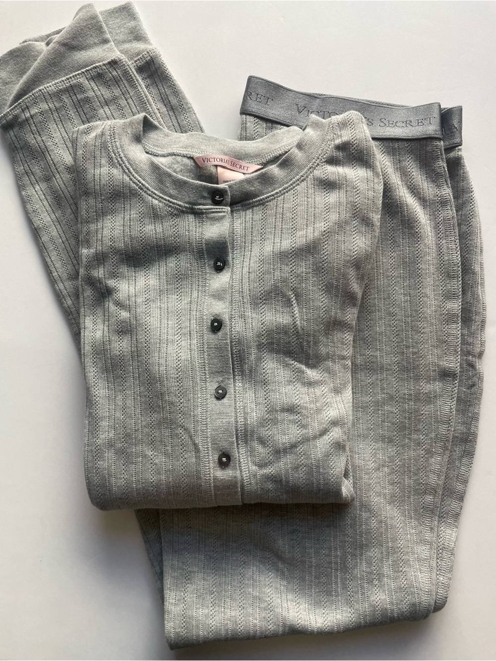 Victoria’s Secret Gray Pointelle Thermal Pajama Set M NWOT